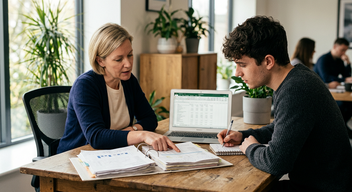 Sample: a reviewer and a preparer going through a client's close binder together at a desk